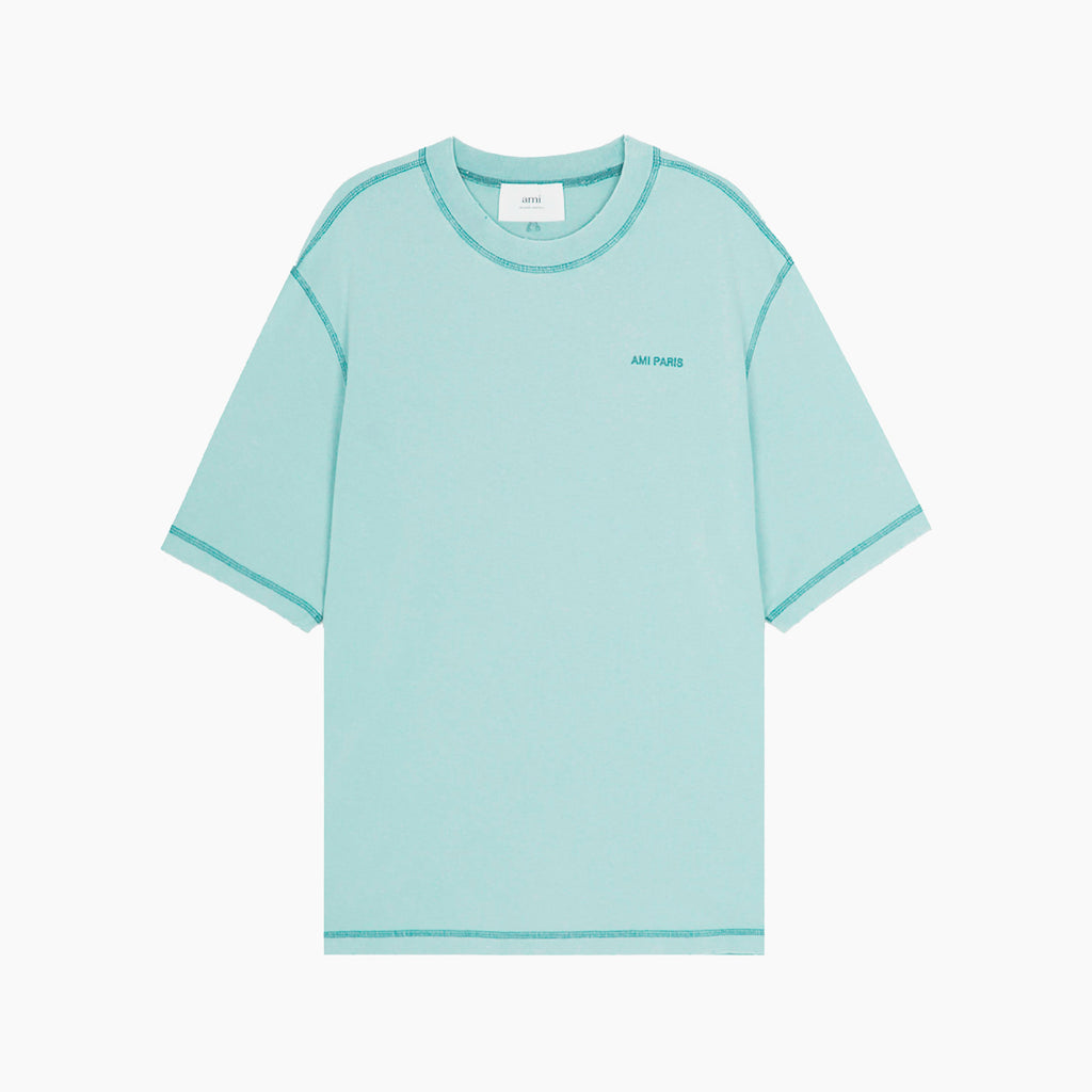 Ami Paris T-Shirt Logo Brodé Bleu Délavé