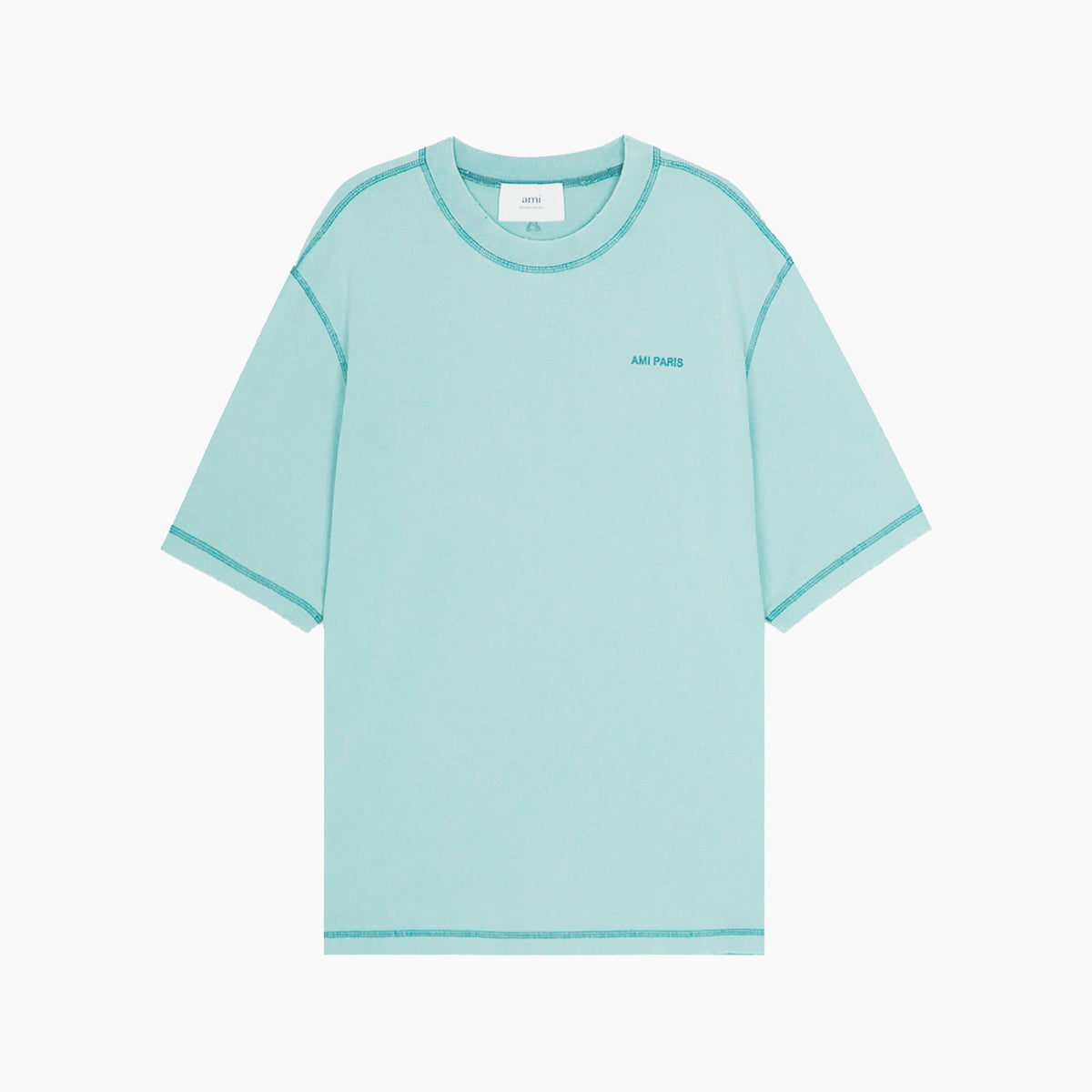 Ami Paris T-Shirt Logo Brodé Bleu Délavé