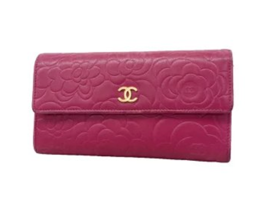 Portefeuille long Chanel Camélia cuir d'agneau rose